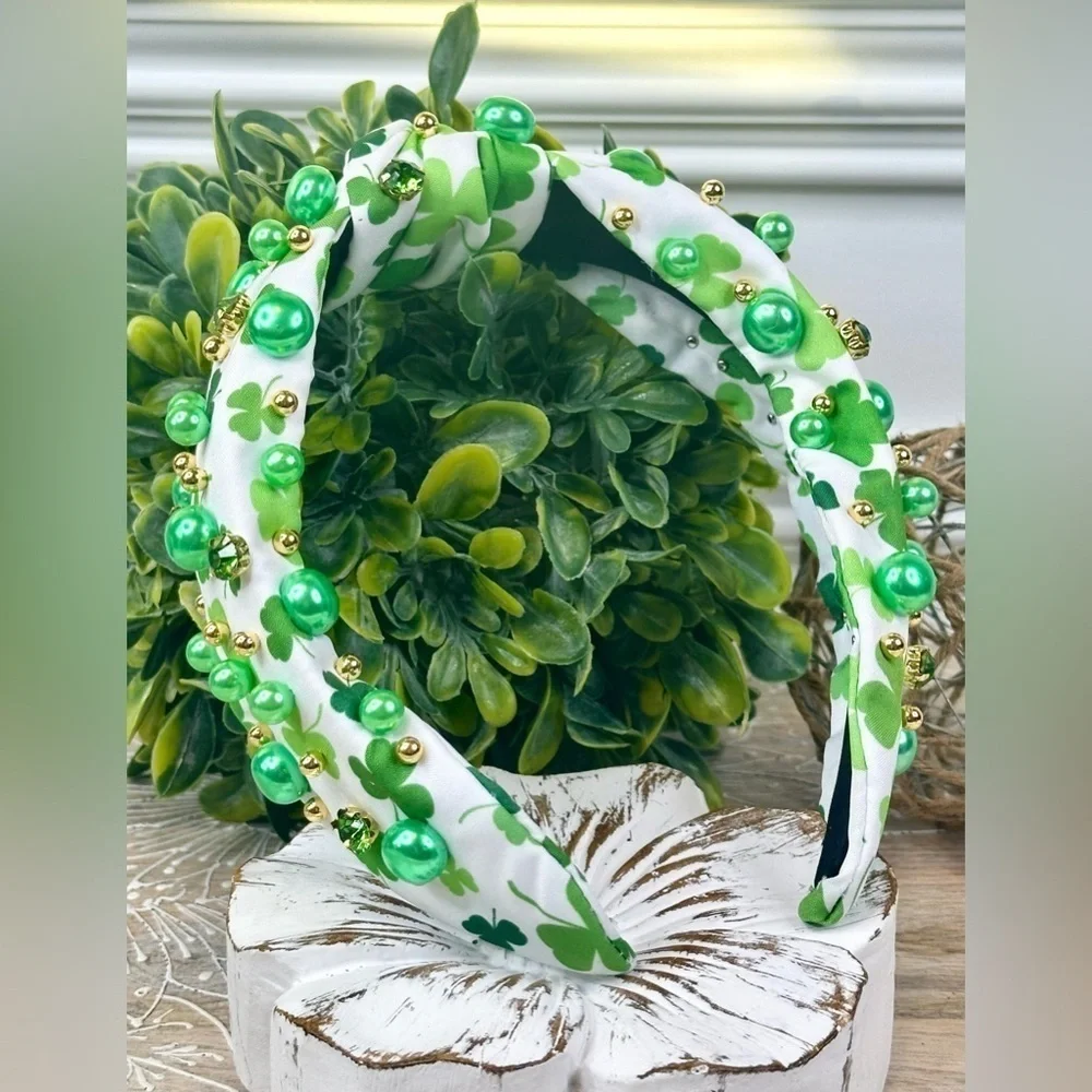 Green and Gold Beaded Shamrock Headband